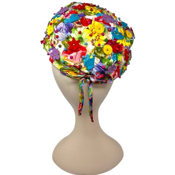 Vintage 1960s Womens Floral Mod Hat Beaded Applique Rozanne NY